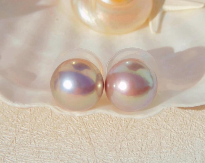 11.2mm Freshwater Pearl Studs | Pink Mauve Pistachio | Gold Studs | Round |  AAA+ | Solid 18K Gold Pearl Studs | Large Pearl Studs |