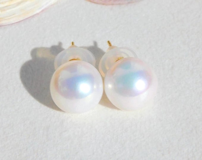 14mm Round Freshwater Pearl Studs: Solid 18K Gold, Large White Pearl Studs, AAA