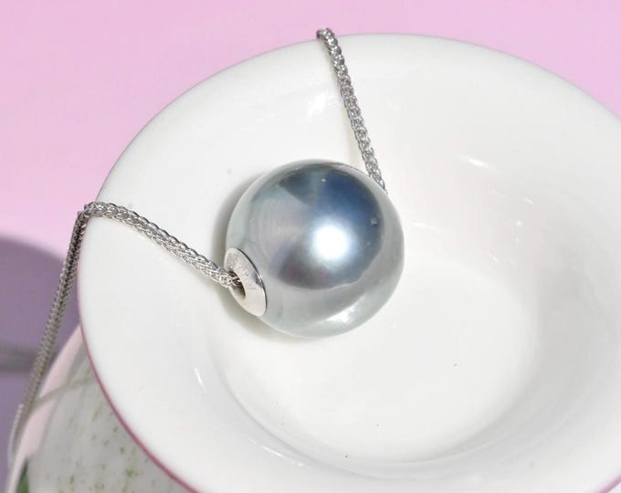 Floating Tahitian Pearl Necklace: Silver Blue Color, 11mm, Adjustable Solid 18k White Gold Pin-end Chain (Optional)