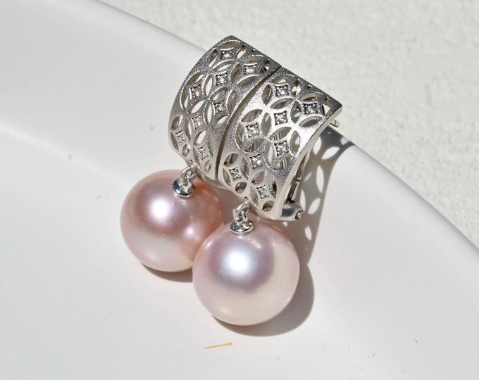 12.2mm Pastel Lavender Pink Freshwater Pearl Earrings: White Gold Plated Sterling Silver, Latch Back Earrings, AAA