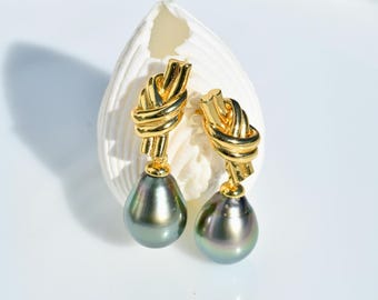 Love Knot Tahitian Pearl Earrings: Gold Plated Silver, Peacock, 10.2mm, AAA, Teardrop