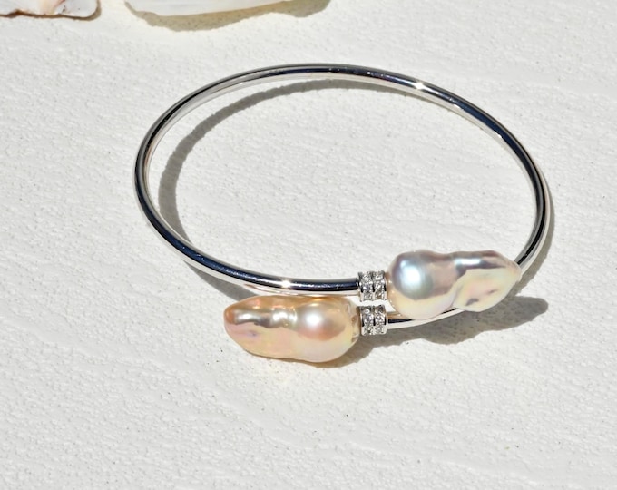 Sterling Silver Dual Bypass Pearl Bangle: Petite Wrist 6-6.5'', Organic Pearl Jewelry, Open Wrap-style