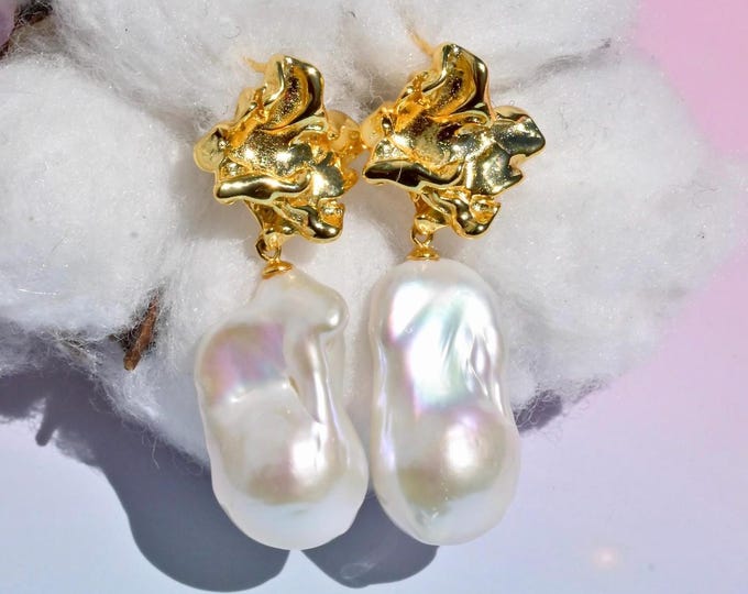 Vermeil Nugget Baroque Pearl Earrings: Statement Dangle Earrings, AAA