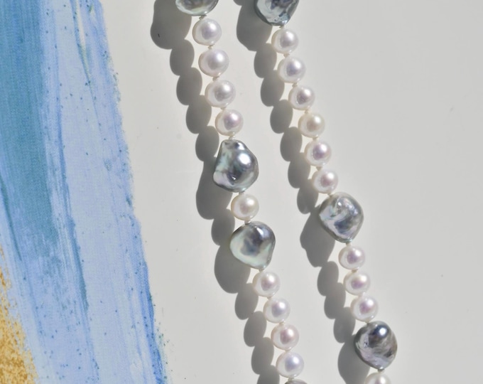 Akoya, Freshwater Pearl Necklace: Pastel Gray Blue, Sterling Silver Clasp, 19-Inch, AAA