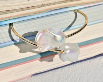 Dual Pearl Bypass Bangle: 2.3mm Round Gold filled Open Bangle, 6.5-6.75 inch Wrist Size, White Baroque Pearls