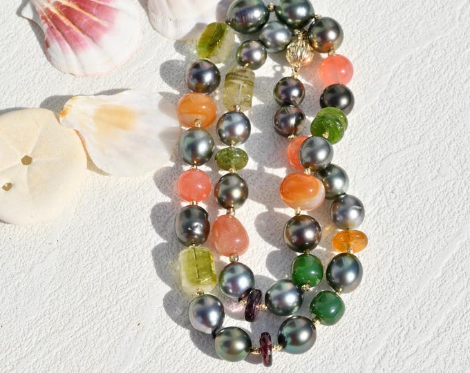 Tahitian Pearl & Gemstone Necklace: Solid 18K Gold, AAA, 20.5 Inches, Tourmaline, Agate, Jadeite