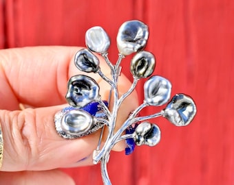 Sterling Silver Tree Brooch: Tahitian Keshi Pearls, Gray, AAA, Texture Tree, Unisex