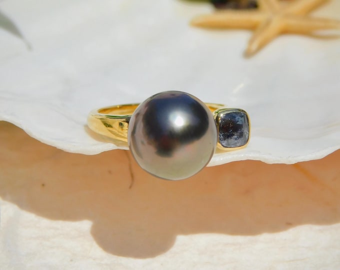 10.3mm Tahitian Pearl Ring | Pinky Ring | AAA |  Open Ring | Solid 9K Yellow Gold | Adjustable 3 3/4 US to 4 1/2 US | Purple Blue Spinel