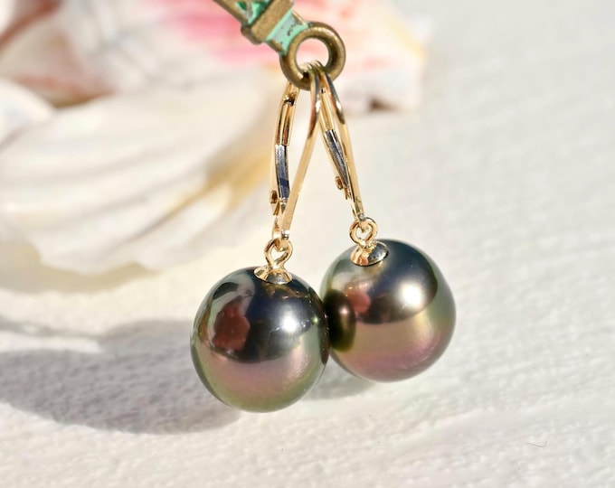 Tahitian Pearl Earrings: Aubergine Peacock, Solid 18K Lever Back, AAA, 11.3mm
