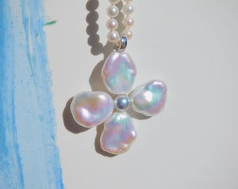 Ultimate Luster Petal Pearl Cross Pendent  | White with Rainbow | Blue Akoya Pearl | Solid 18kt White Gold | Large Pendant | Keshi Pearls