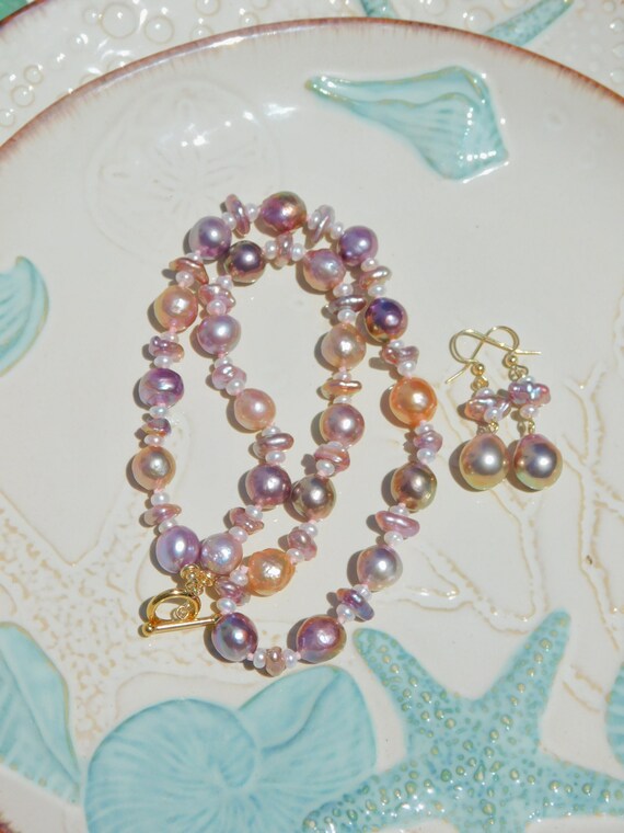 Kasumi-like Pearl Necklace and Earrings SET | Keshi Pearl | Metallic | 5-12mm | Jewelry SET | 20 Inches | Multi color Pearls | Gold Filled