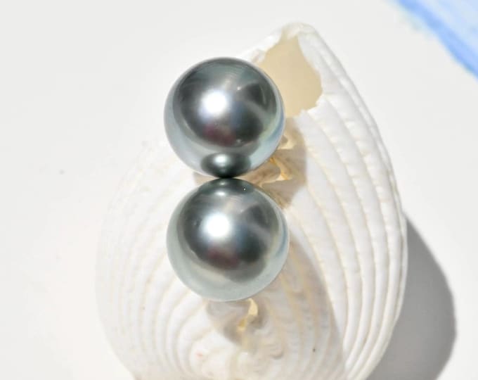 10.6mm Tahitian Pearl Studs: Solid 18K White Gold, Near Round, Gray-green, AAA