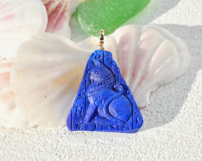 Lapis Lazuli Egyptian Cat  Pendant: Solid 18K Gold Bail, Hand-carved Egyptian Goddess Bastet, Blue, Triangle
