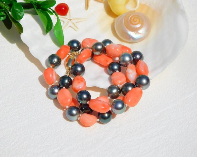 Pink Orange Coral Tahitian Pearl Necklace | Solid 18K/14K Gold | Gemstone and Pearl Necklace | AA+ | 17.25 Inches | Black Pearls | Pink