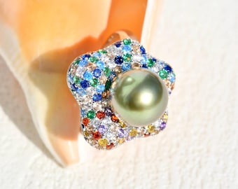Rainbow Cluster Ring: Tahitian Pearl, Open Ring, 9.3mm, Vivid Pistachio, AAA+, Silver