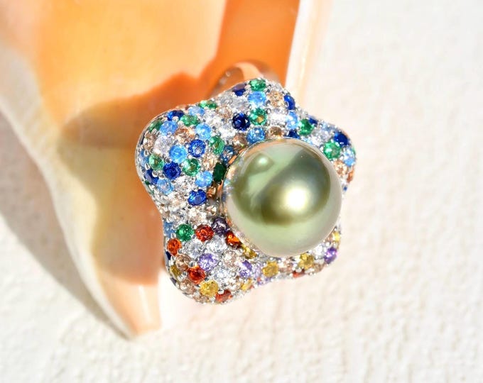 Rainbow Cluster Ring: Tahitian Pearl, Open Ring, 9.3mm, Vivid Pistachio, AAA+, Silver