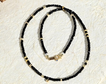 Natural Black Spinel Necklace: 2.8mm Faceted Gemstone, Solid 18k Gold Accents and Clasp, 16.75-inch, Black and Gold, Thin Necklace