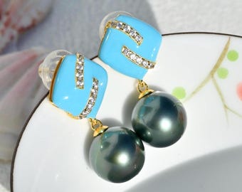 12.3mm Dark Green Tahitian Pearl Earrings: Sky Blue Enamel Sterling Silver, S925