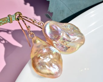 Super Metallic Luster Baroque Pearl Earrings: Solid 18K Rose Gold, AAA+, Large Pearls