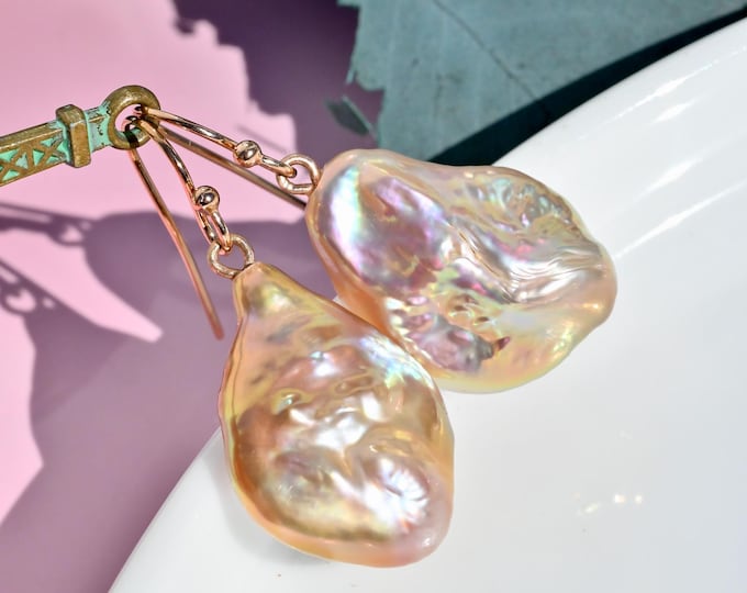 Super Metallic Luster Baroque Pearl Earrings: Solid 18K Rose Gold, AAA+, Large Pearls