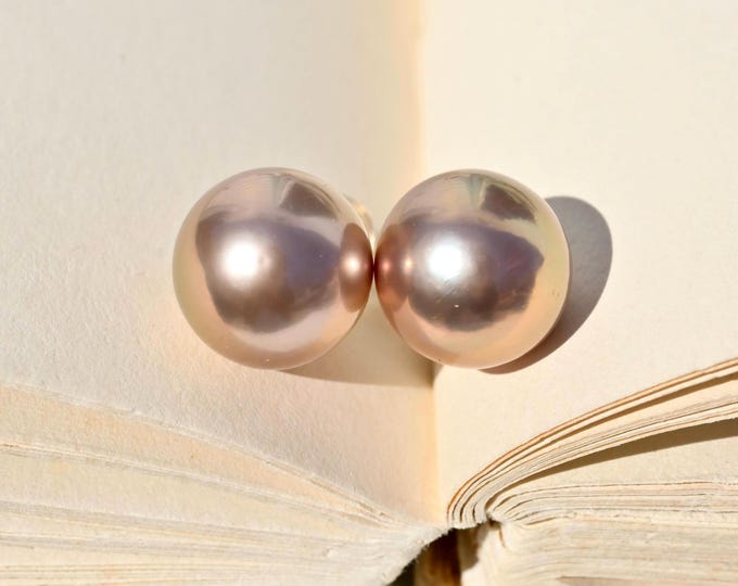 Freshwater Pearl Studs: Solid 18K Gold, 12mm, Metallic Rose Bronze, AAA+, Pink Pearls