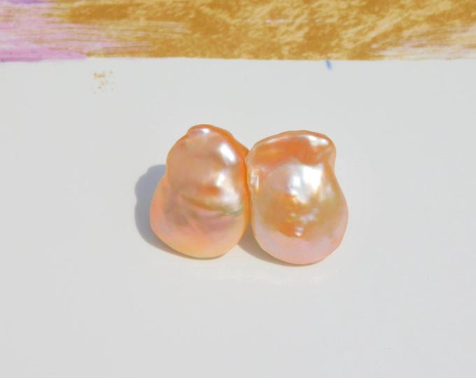 Large Freshwater Pearl Studs | 16mm * 23mm | Metallic Peach | Solid 18k Gold Studs | Salmon Color Pearls | Semi-baroque Pearl Earrings