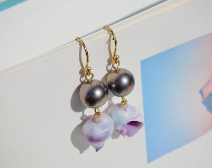 Tahitian Pearl and Seashell Earrings | Purple | Au750 | AAA | Solid 18kt Yellow Gold | Long Tahitian Drop Earrings | Aubergine | 10mm