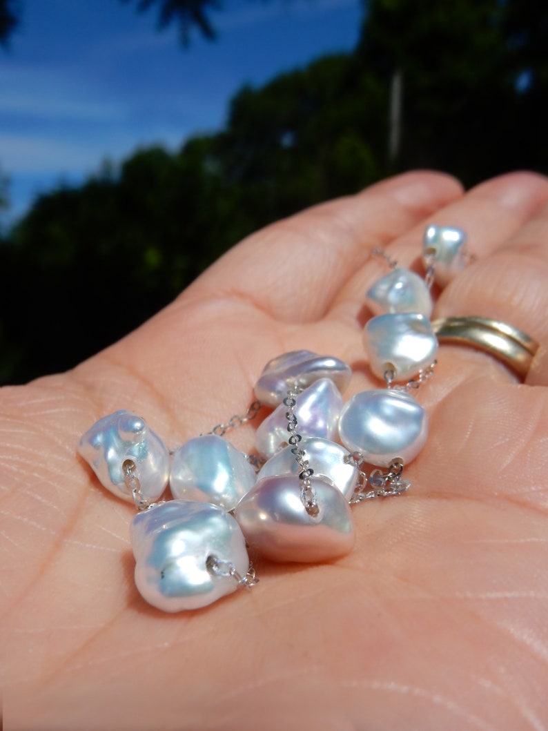 18K White Gold Chain Ready to ship Pearl Nugget Metallic Silvery White Keshi Pearl Satellite Necklace Dainty