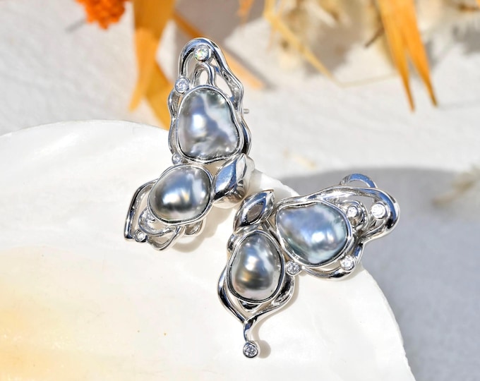 Gray Blue Pearl Butterfly Earrings: AAA, Tahitian Keshi Pearls, Sterling Silver