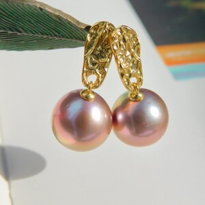 Vermeil Metallic Freshwater Pearl Earrings AAA Mauve Pink Near Round 11.4mm Yellow Gold over Silver Metallic image 10