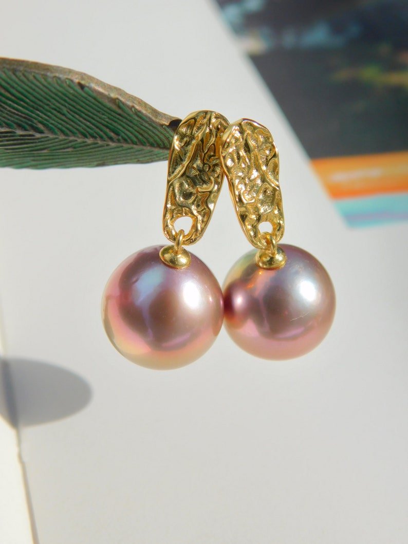 Vermeil Metallic Freshwater Pearl Earrings AAA Mauve Pink Near Round 11.4mm Yellow Gold over Silver Metallic image 10