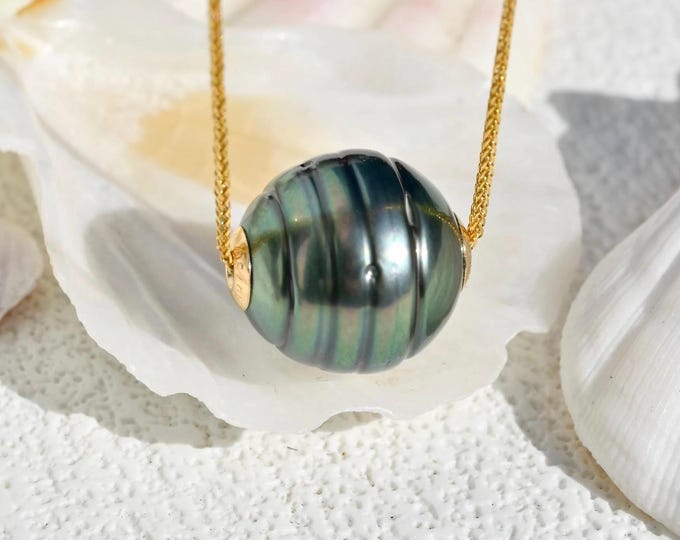 12mm Floating Tahitian Pearl Necklace: Solid 18K Gold Chain, Circled Deep Blue Green, AAA