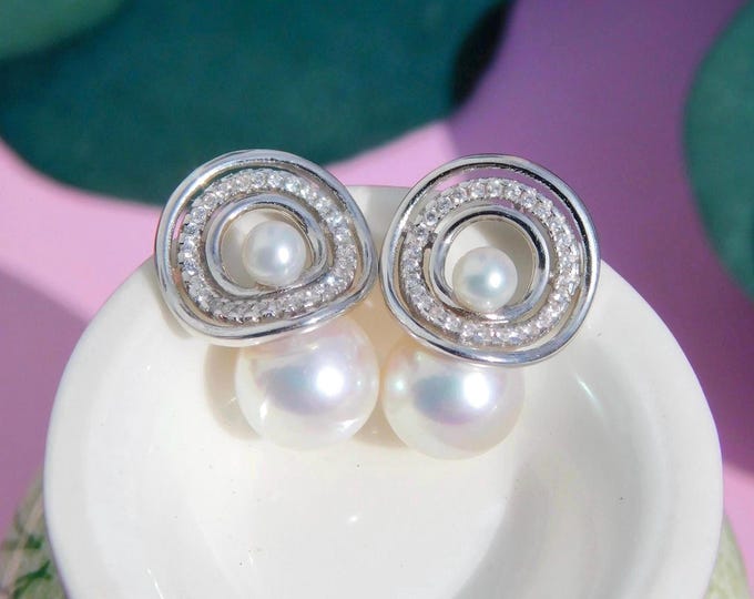 Double Freshwater Pearl Earrings: White Gold Over Silver, AAA+, 3.6mm and 8.3mm