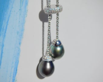 Y and Lariat Necklace | 12mm Tahitian Pearls | 28 Inches | Black | Apple Green | AAA | Adjustable White Gold Plated Silver Rope Chain