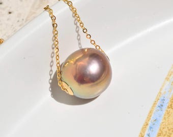 13.3mm Floating Freshwater Pearl Necklace: Copper Rose, Solid 18k Gold Pin-End Chain, Dainty, AAA+