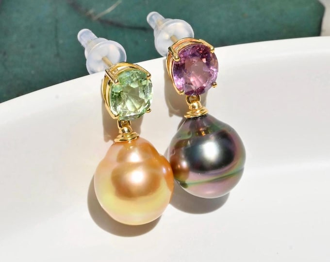 3.35 ct Mismatched Tourmaline Pearl Drop Earrings: Golden South Sea and Tahitian Pearls, 9K Gold, 11.5mm, AAA