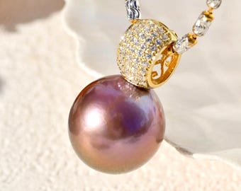 14.2mm Freshwater Pearl Pendant, Vermeil, Mauve Pistachio, AAA