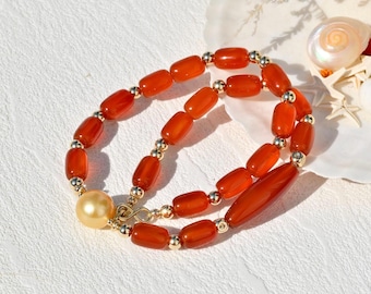 Red Agate & Golden South Sea Pearl Necklace: Red, 16-inch, Gold Filled, Choker, 12.9mm GSS