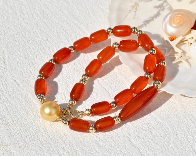 Red Agate & Golden South Sea Pearl Necklace: Red, 16-inch, Gold Filled, Choker, 12.9mm GSS