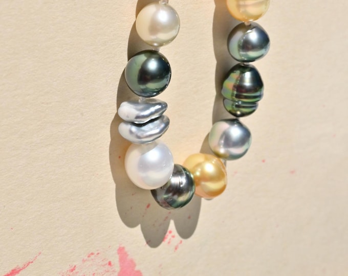 Multi-color Saltwater Pearl Bracelet: Tahitian Keshi, Golden South Sea Pearls, for 6.5-inch wrist, silver clasp