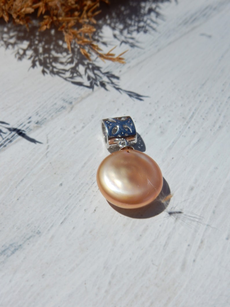 13mm Metallic Peach Single Pearl Pendant Coin Champagne Pearl Pendant Ready to Ship Silver