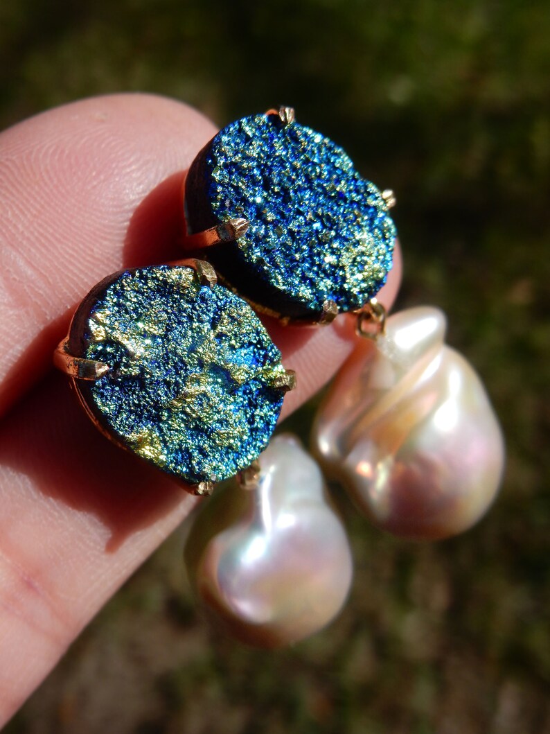Big Pearl Earrings Gemstone and Pearl Ready to ship 16mm Blue Titanium Druzy Baroque Pearl Earrings