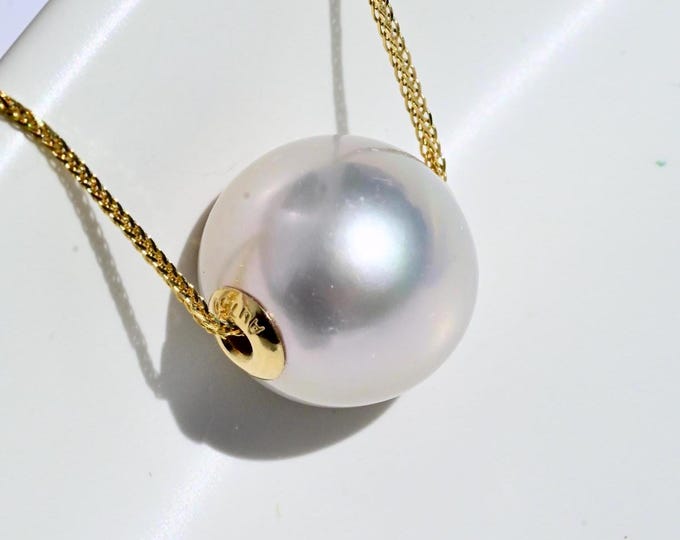 12.1mm Floating Freshwater Pearl Necklace: Pastel Gray Lavender, AAA, Solid 18k Gold Pin-end Chain