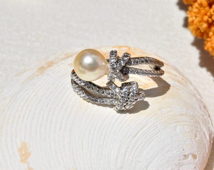 Sterling Silver Pastel Cream Akoya Pearl Ring: Open Design, 6.8mm, AAA, Slightly Adjustable 6 1/2 - 7 US Size