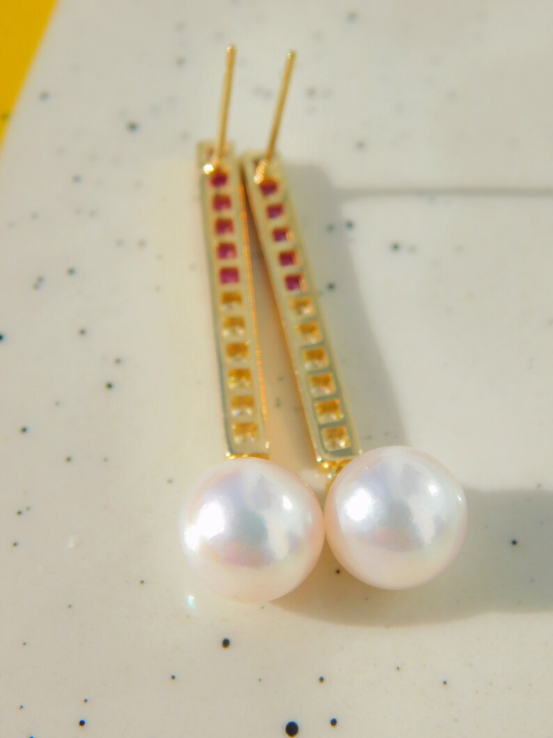 Vermeil Colorful CZ with Japanese Akoya Pearl Earrings AAA 9.2mm Drop Earrings Japanese Saltwater Pearls Hot Pink Yellow image 7