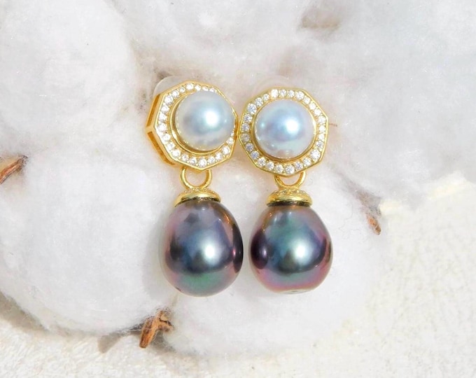 Convertible Akoya & Tahitian Pearl Earrings: 7mm and 10mm, Gold Vermeil Detachable Pearl Drop Earrings, AAA