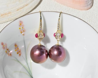12.8mm Copper Red Freshwater Pearl Earrings: Gold Vermeil & Ruby-colored CZ, Red Pearls