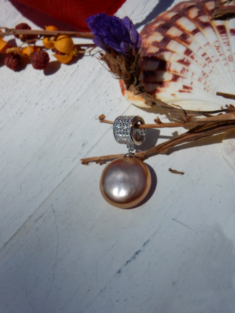 13mm Metallic Peach Single Pearl Pendant Coin Champagne Pearl Pendant Ready to Ship Silver