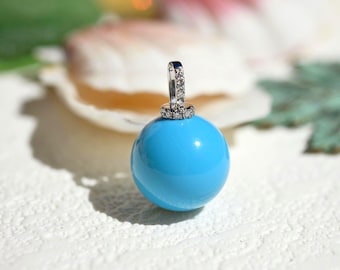 Sky Blue Turquoise Pendant: Solid 18K White Gold Bail, Round Shape, 13.6mm, Authentic Intense Blue, Hubei Turquoise, Undyed