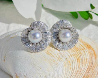 Cluster Silver Seashell Stud Earrings | Pastel Blue Akoya Pearls | 8.4mm | Saltwater Pearls | White Gold Plated Over Silver | AAA